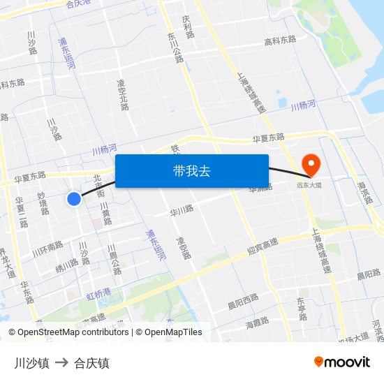 川沙镇 to 合庆镇 map