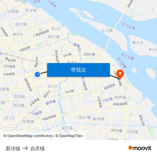 新泾镇 to 合庆镇 map