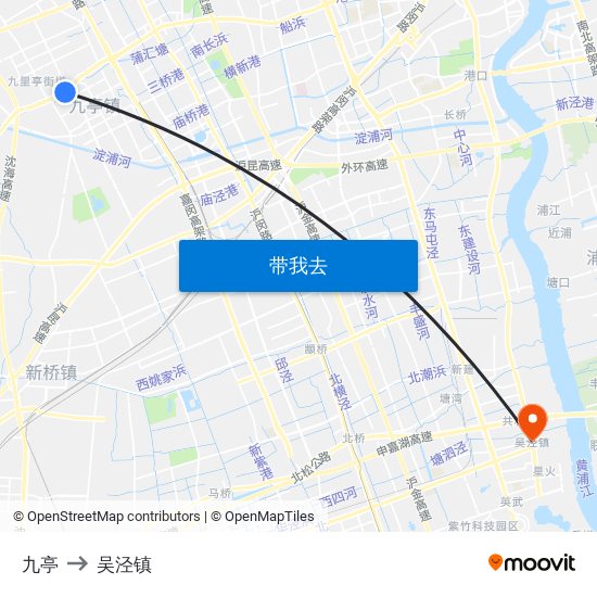 九亭 to 吴泾镇 map