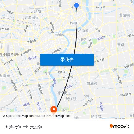 五角场镇 to 吴泾镇 map