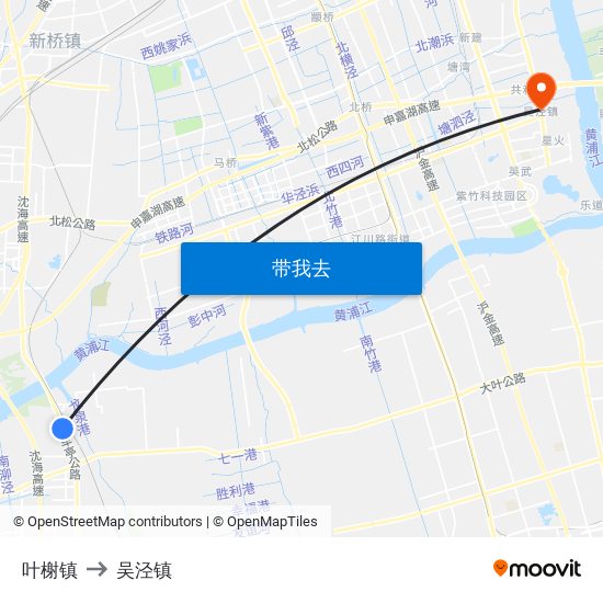 叶榭镇 to 吴泾镇 map