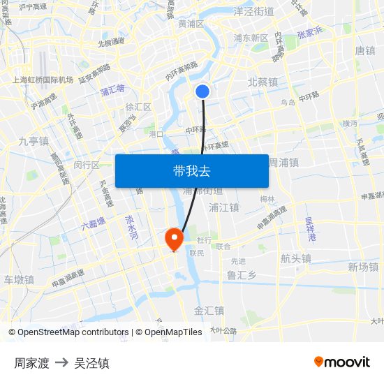 周家渡 to 吴泾镇 map