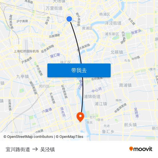 宜川路街道 to 吴泾镇 map