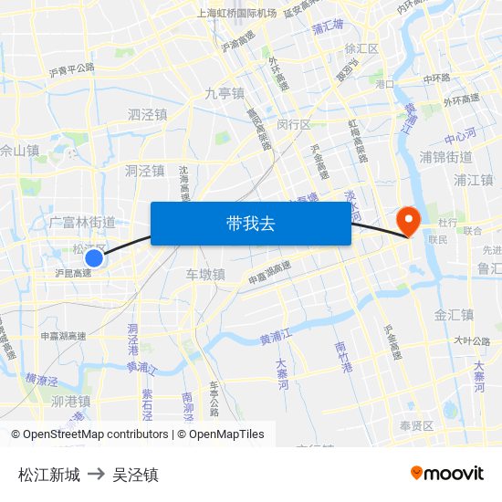 松江新城 to 吴泾镇 map