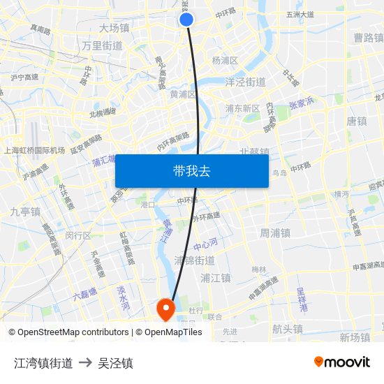 江湾镇街道 to 吴泾镇 map