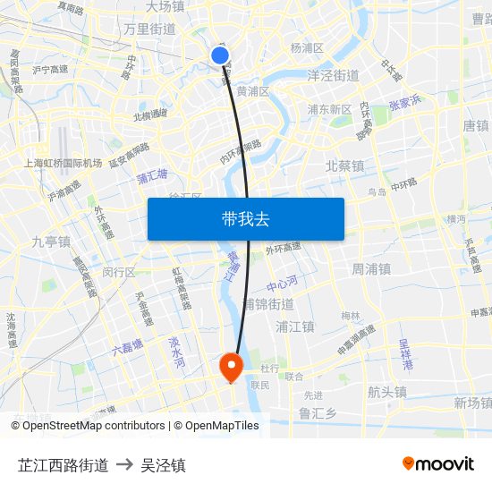 芷江西路街道 to 吴泾镇 map