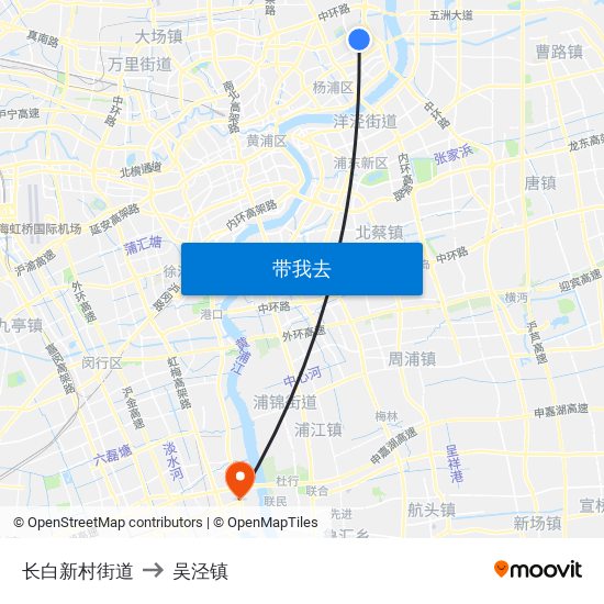 长白新村街道 to 吴泾镇 map