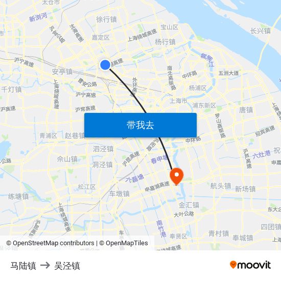 马陆镇 to 吴泾镇 map