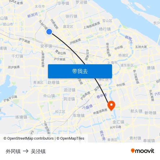 外冈镇 to 吴泾镇 map