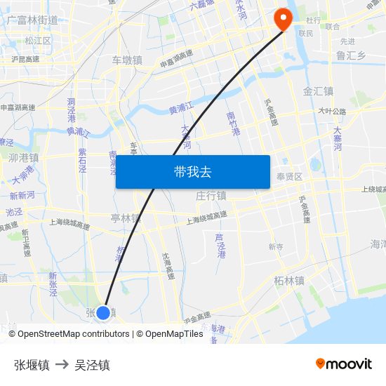 张堰镇 to 吴泾镇 map