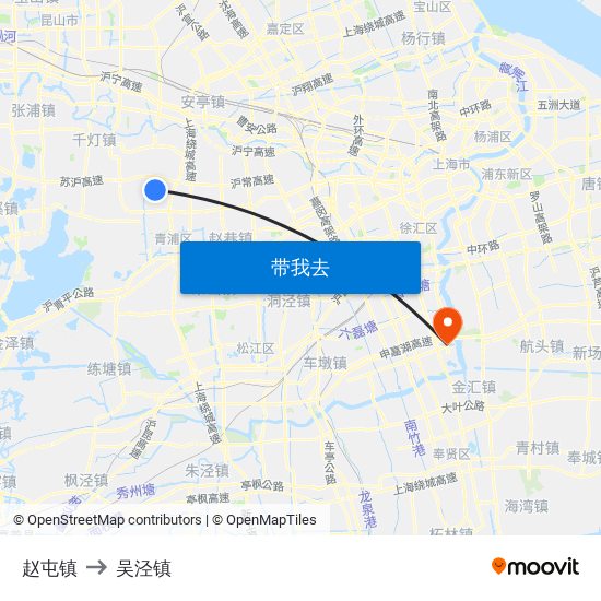 赵屯镇 to 吴泾镇 map