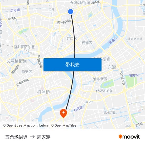 五角场街道 to 周家渡 map