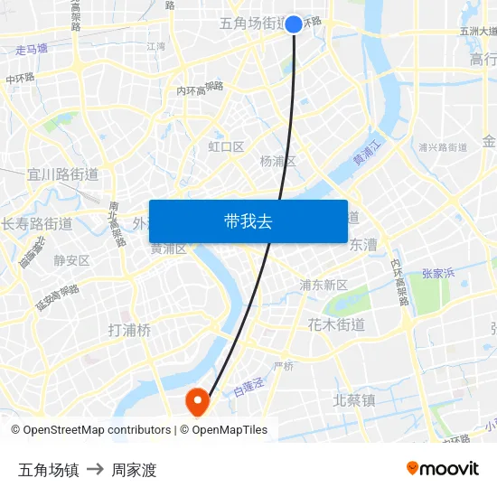 五角场镇 to 周家渡 map