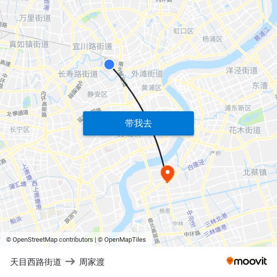 天目西路街道 to 周家渡 map