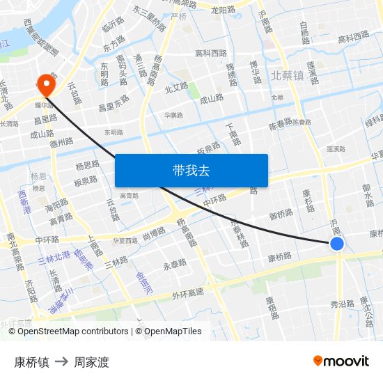 康桥镇 to 周家渡 map