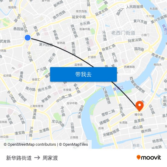 新华路街道 to 周家渡 map