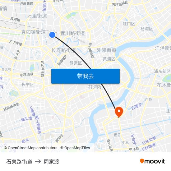 石泉路街道 to 周家渡 map