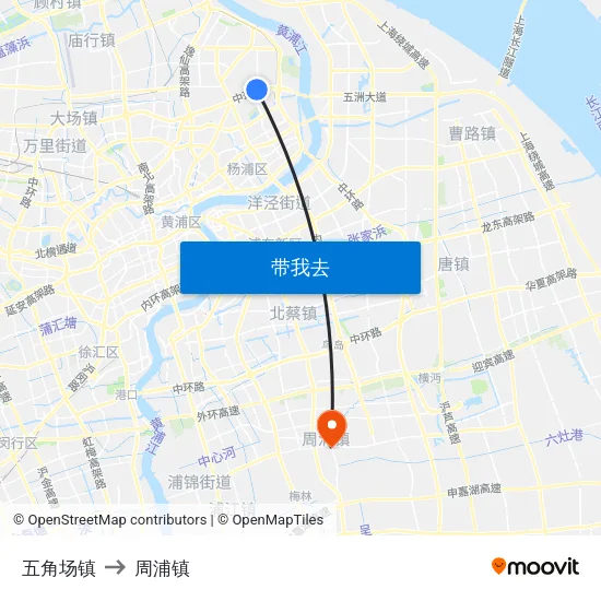 五角场镇 to 周浦镇 map