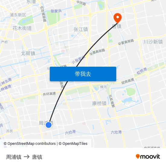 周浦镇 to 唐镇 map