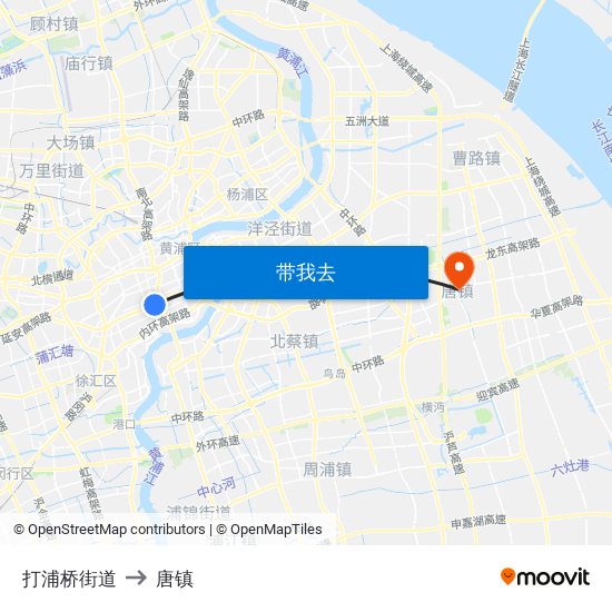 打浦桥街道 to 唐镇 map