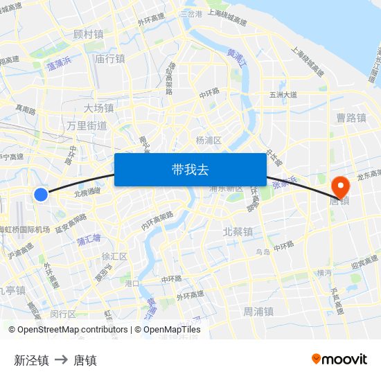 新泾镇 to 唐镇 map