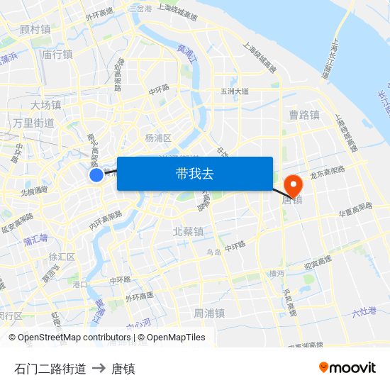 石门二路街道 to 唐镇 map