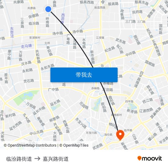 临汾路街道 to 嘉兴路街道 map