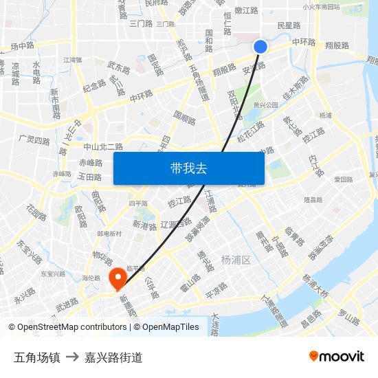 五角场镇 to 嘉兴路街道 map