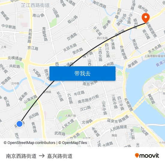 南京西路街道 to 嘉兴路街道 map