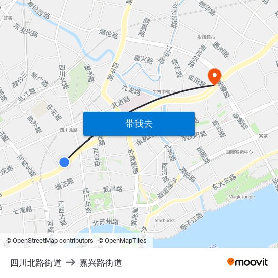 四川北路街道 to 嘉兴路街道 map