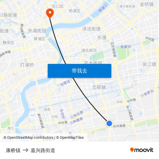 康桥镇 to 嘉兴路街道 map