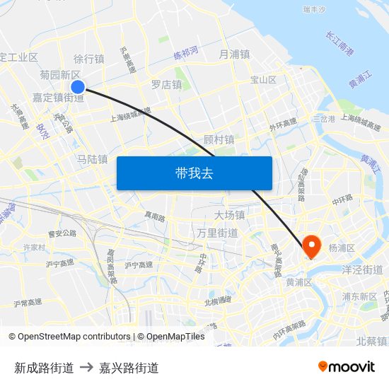 新成路街道 to 嘉兴路街道 map