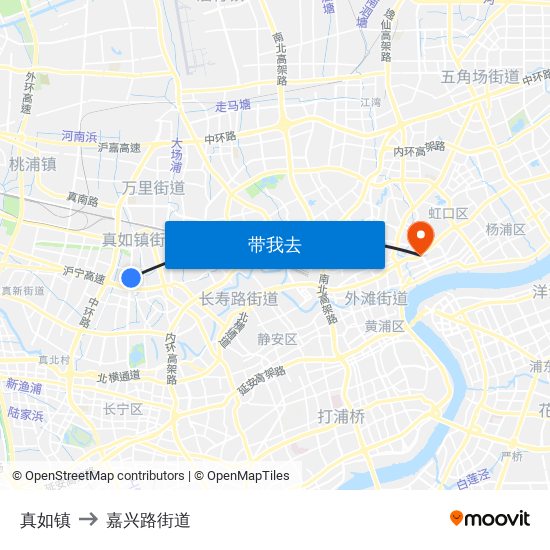 真如镇 to 嘉兴路街道 map