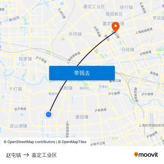 赵屯镇 to 嘉定工业区 map