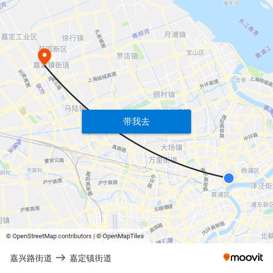 嘉兴路街道 to 嘉定镇街道 map
