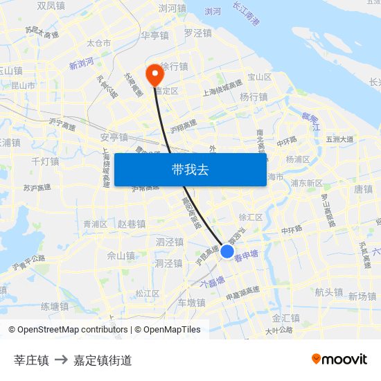 莘庄镇 to 嘉定镇街道 map