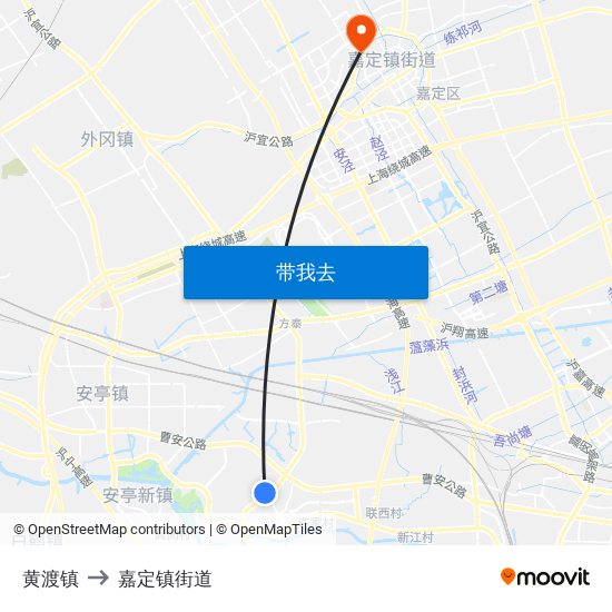 黄渡镇 to 嘉定镇街道 map