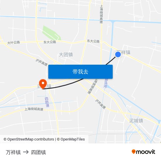 万祥镇 to 四团镇 map