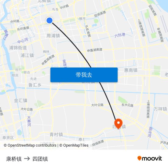 康桥镇 to 四团镇 map