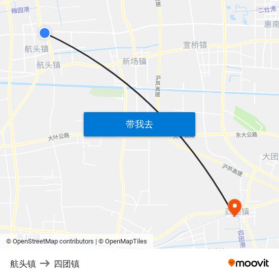 航头镇 to 四团镇 map