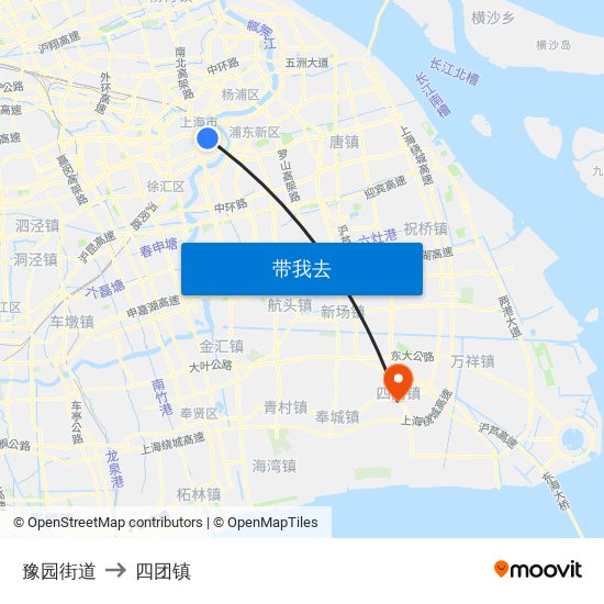 豫园街道 to 四团镇 map