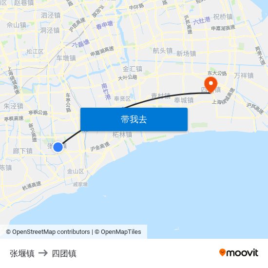 张堰镇 to 四团镇 map