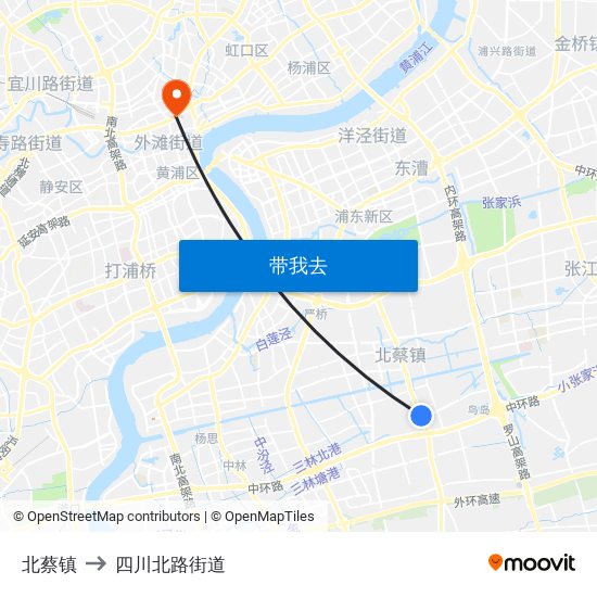 北蔡镇 to 四川北路街道 map