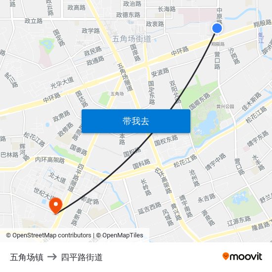 五角场镇 to 四平路街道 map