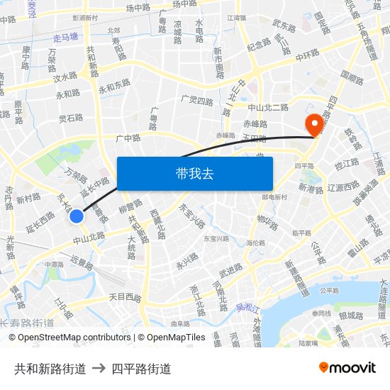 共和新路街道 to 四平路街道 map