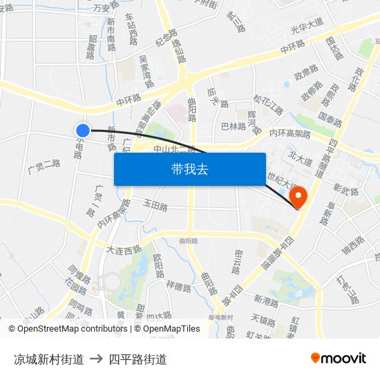 凉城新村街道 to 四平路街道 map