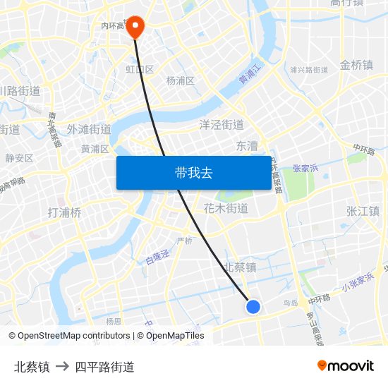 北蔡镇 to 四平路街道 map