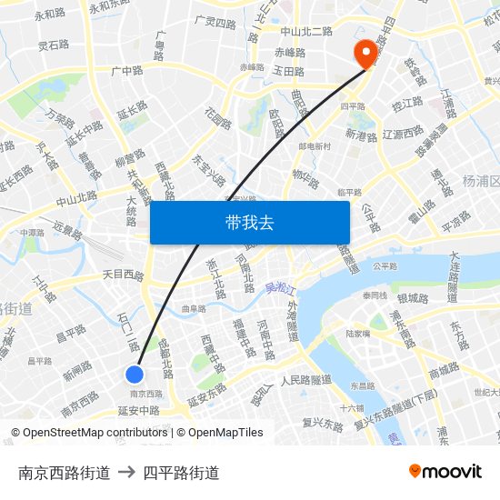 南京西路街道 to 四平路街道 map