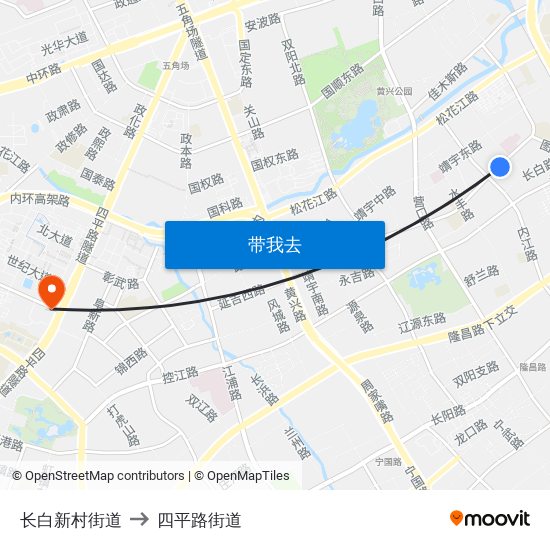 长白新村街道 to 四平路街道 map