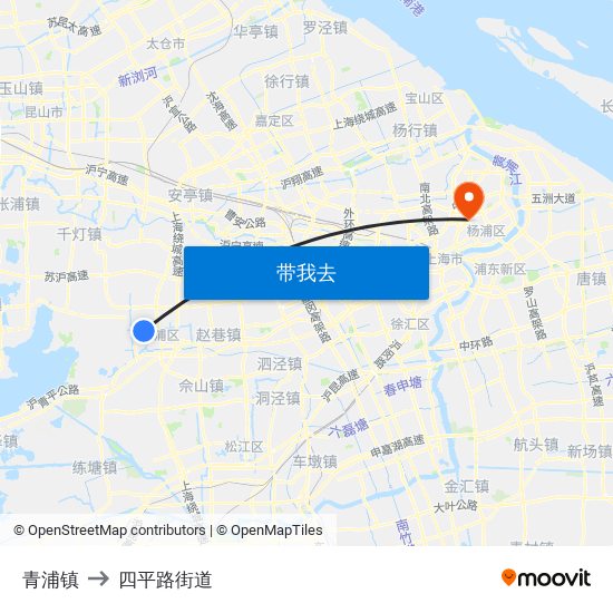 青浦镇 to 四平路街道 map